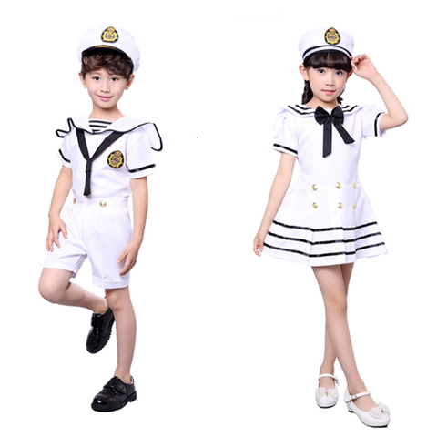 90-170CM Kids Costumes for Navy Sailor Uniform Halloween Cosplay Girls Party Performance Boys Marines Fleet Clothing with Hat ► Photo 1/6