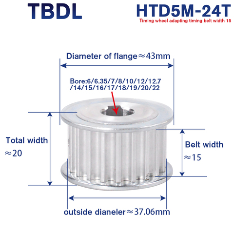 24 Teeth HTD 5M Timing Synchronous Pulley Bore 6/7/8/10/12/14/15/16/17/19/20/22mm for Width 15mm 5mm Pitch HTD5M 24T AF aluminum ► Photo 1/6