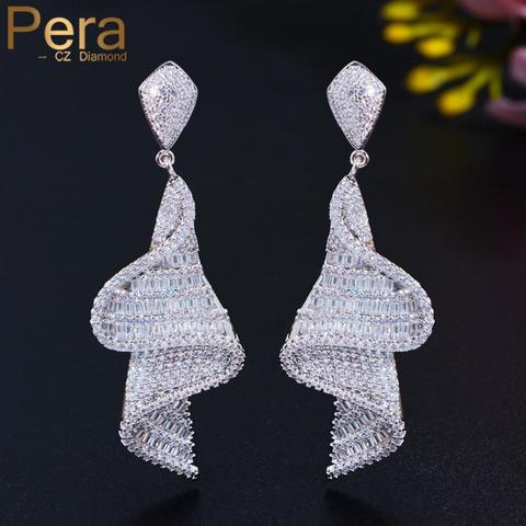 Pera Elegant Sparkling White CZ Crystal Topaz Real 925 Silver Long Geometry Dangle Drop Wedding Party Earrings for Brides E636 ► Photo 1/6