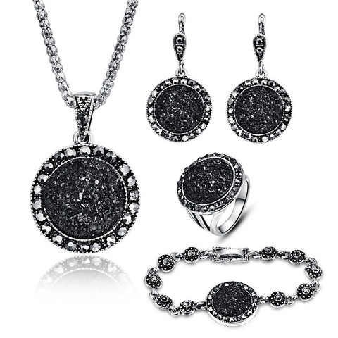 MINHIN Wholesale Retro Jewelry Sets For Women Hot Sale Antique Black Crystal Round Stone Pendant Statement Jewelry Sers ► Photo 1/6