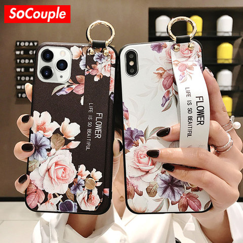 SoCouple For iPhone 11 Case Phone Holder Case for iPhone 11 12 mini Pro Max X Xs Max XR 7 8 Plus SE Flower TPU Wrist Strap Cover ► Photo 1/6