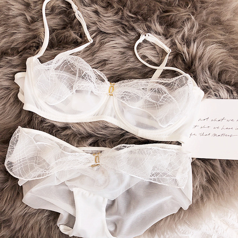 Transparent mesh lace half cup lingerie with underpants set ultra-thin gather bra briefs set sexy underwire wedding underwear ► Photo 1/6