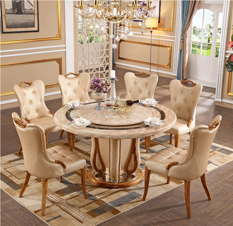 European marble round table European light yellow villa table and chair combination household dining table restaurant luxury din ► Photo 1/4