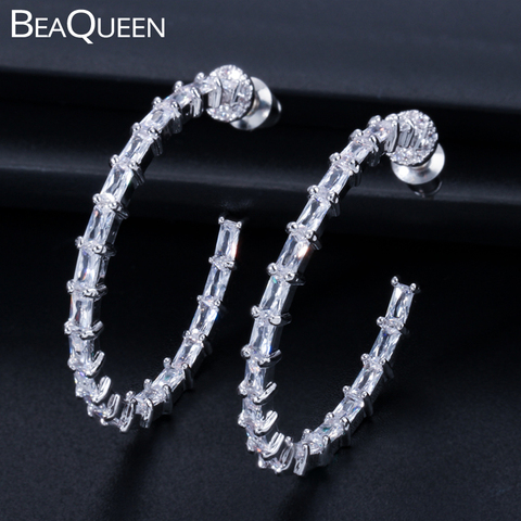 BeaQueen Fashion 925 Sterling Silver Pin Big Circle Round Hoop Earring Clear Baguette Cubic Zircon Crystal Lady Jewelry E219 ► Photo 1/6