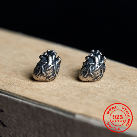 MKENDN New Punk Retro Real 925 Sterling Silver Earrings Anatomical Human Heart Stud Earrings Personality Jewelry Halloween Gift ► Photo 1/6