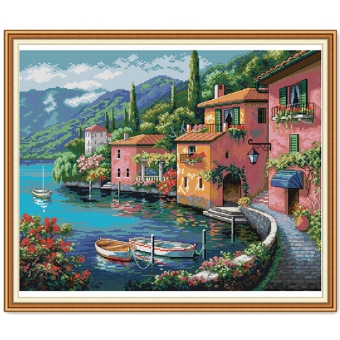 Colorful house by the water cross stitch kit aida 14ct 11ct count print canvas cross stitches   needlework embroidery DIY handma ► Photo 1/1