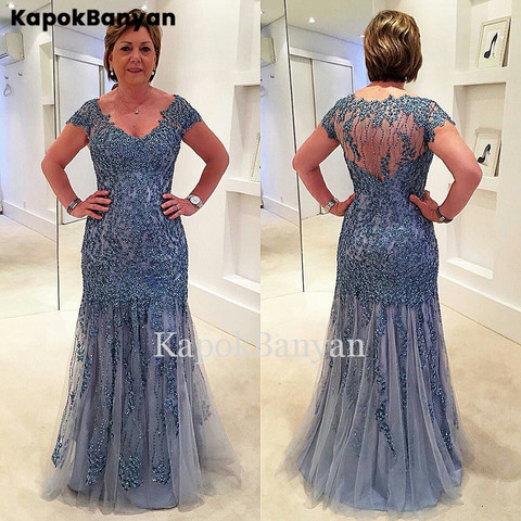 Shiny Rhinestones Beaded Long Mother of the Bride Dress Short Sleeves Sheer Back Formal Evening Gown ► Photo 1/6