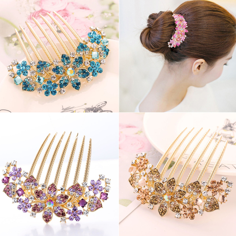 Korean Style Rhinestone Hollow Flower Hair Ornament Adult  Fork Exquisite Seven-tooth Comb Headdress ► Photo 1/4