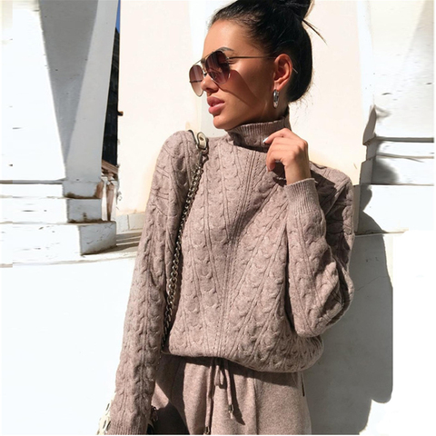 Fashion Women Solid Knitted Pants 2Piece Set Loose Turtleneck