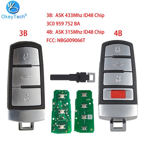 OkeyTech Remote Car Key 3/4 Buttons ASK 315/433MHz ID48 For VW For Volkswagen Passat 2006-2015 for CC, NBG009066T 3C0 959 752 BA ► Photo 1/6