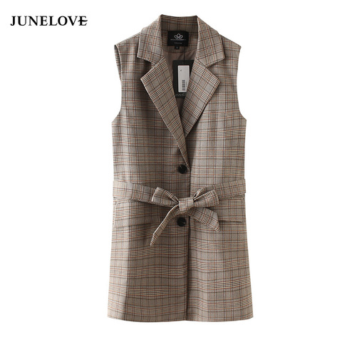 JuneLove 2022 Spring Plaid Blazer Women Casual Sleeveless Pockets OL Coat Waistcoat Female Single Breasted Outwears ► Photo 1/6