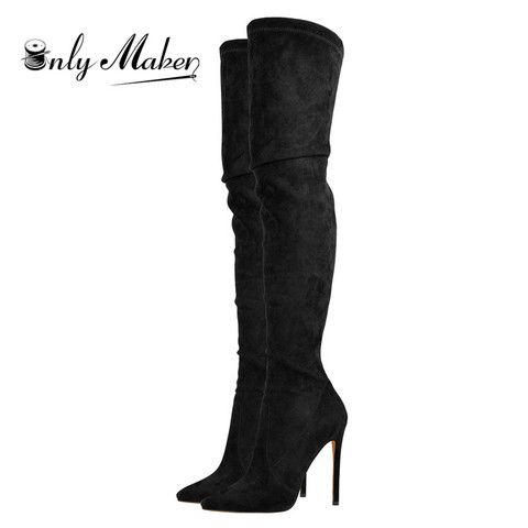 Onlymaker Women Pointed Toe Over the Knee Stretch High Boots 10-11CM High Heel Stiletto Flock Zip Boots Big Size US5~US15 ► Photo 1/5