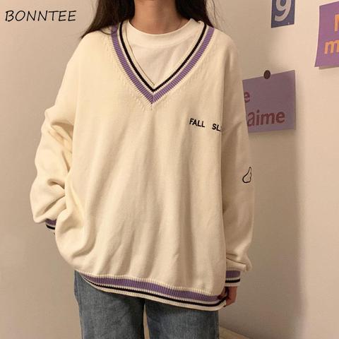 Sweaters Women Ulzzang Letter Chic Vintage V-neck Daily Oversize Preppy Girls Knitwear Fall Casual All-match Ins Womens Sweater ► Photo 1/6