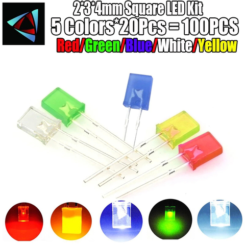 100PCS/LOT 2*3*4mm Square LED Kit Light-emitting diode Kit 2X3X4 LED Diode Red Yellow Green Blue White 5 Colors ► Photo 1/1
