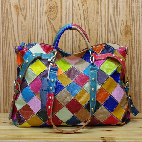 Genuine Leather Women's High Quality Casual Design Colorful Handbag Shoulder bag Ladies Color Block Tote bag 600 ► Photo 1/5