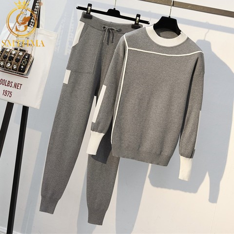 SMTHMA 2022 New Autumn Runway 2 Pieces Set Knitted Long Sleeve  Pullovers Sweater Casual Patchwork Jumper Tops And Pants Suits ► Photo 1/6