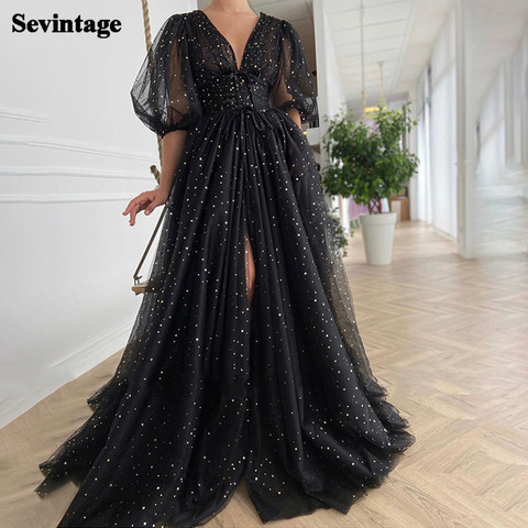 Sevintage Black Starry Tulle Prom Dresses Half Puff Sleeves Wedding Party Dresses Pleats Split Sweep Train Long Prom Gowns Belt ► Photo 1/5