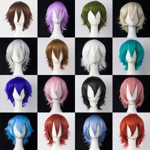 Qphair 30cm short Wig Black white purple blue red high temperature fiber Synthetic Wigs Costume Party Cosplay Wig 17color choose ► Photo 1/6