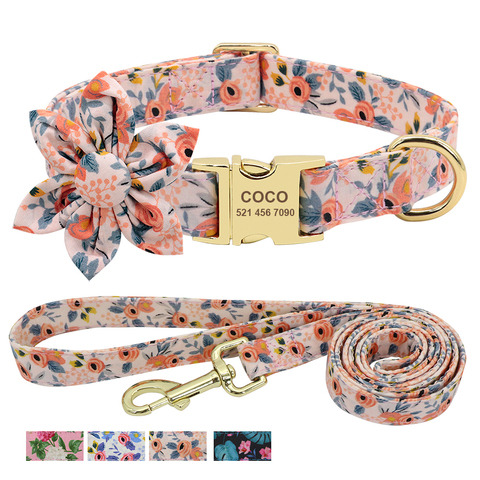 Custom Engraved Dog Collar With Leash Nylon Printed Dog ID Collars Pet Walking Belt For Small Medium Large Dogs Flower Accessory ► Photo 1/6