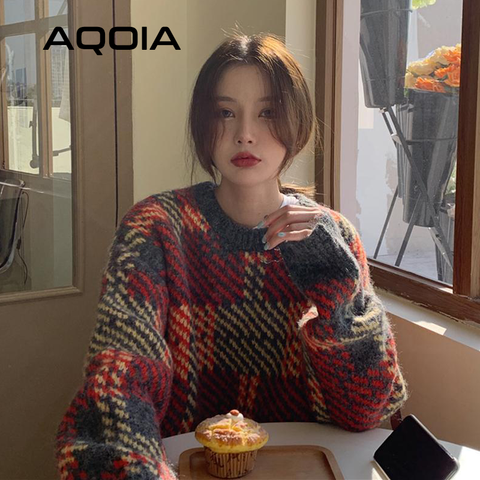 2022 Winter Vintage Knit Female Pullovers Oversize Long Sleeve Patchwork Women Sweater Korean Loose Woman Sweaters Clothing ► Photo 1/6