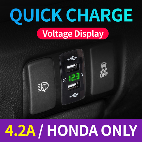 Quick Charge 4.2A Car Charger USB Vehicle DC12V-24V Kit Dual USB Charger 2 Port Cable Socket Voltage Display For Honda ► Photo 1/6