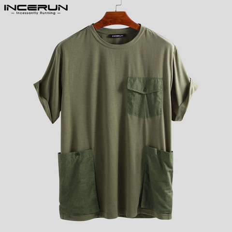 INCERUN Summer Men T Shirt Solid Casual Short Sleeve Tee Tops Pockets Streetwear Loose Couple T-shirts Men 2022 Camisetas Hombre ► Photo 1/6