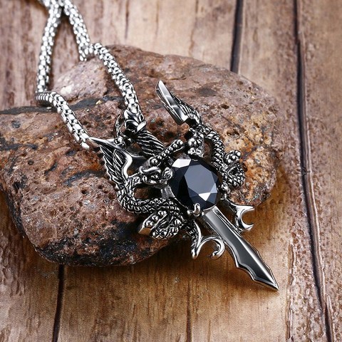 Mprainbow Mens Necklaces Stainless Steel Double Dragon Cross Sword Pendant  Necklace for Men Vintage Punk Animal Bike Jewelry ► Photo 1/6