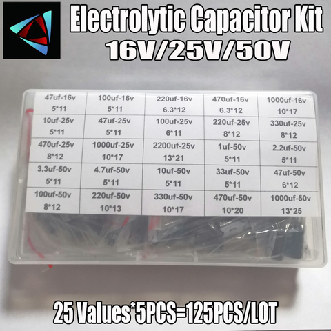 125pcs/lot 25value 1uF-2200uF Electrolytic Capacitor Kit 16V/25V/50V Electrolytic Capacitors Assortment set 101000UF 470UF 100UF ► Photo 1/5
