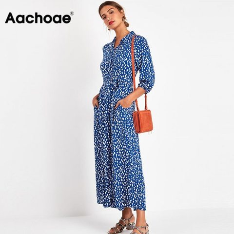 Aachoae 2022 Women Long Printed Dresses Three Quarter Sleeve Bohemian Maxi Dress Turn Down Collar Shirt Dress Vestidos Mujer ► Photo 1/6