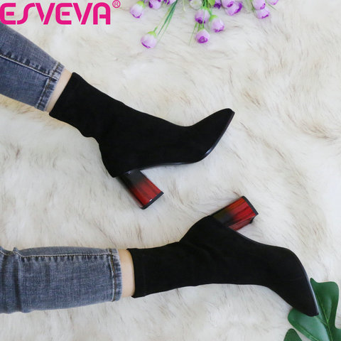ESVEVA 2022 Pointed Toe Sexy High Heels Woman Autumn Winter Fashion Ankle Boots Elastic Flock Slip on Women Shoes Size 34-43 ► Photo 1/6