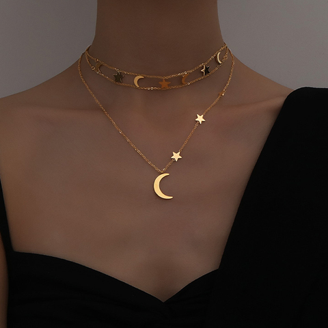 Peri'sBox Small Crescent Moon And Stars Necklaces Hollow Double Layer Chain Choker Necklaces Unusual Statement Boho Sea Necklace ► Photo 1/6