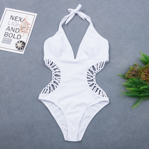 2022 Sexy White Halter Cut Out Bandage Trikini Swim Bathing Suit Monokini Push Up Brazilian Swimwear Women One Piece Swimsuit ► Photo 1/6