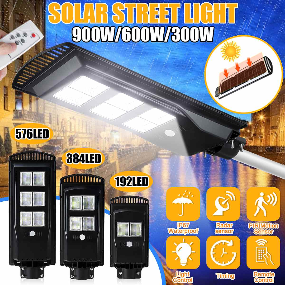 300W 600W 900W LED Solar Street Light PIR Motion Sensor Wtaerproof IP65 Black LED Remote Control Outdoor Garden Wall Lamp ► Photo 1/6