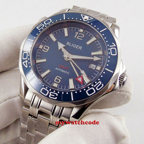 41mm bliger blue dial Sapphire glass GMT steel bracelet automatic mens Watch 391 ► Photo 1/6