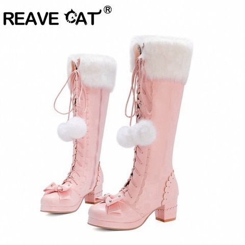 REAVECAT Lolita High Boots Winter Warm Fur Neck Girls Cosplay Party Princess Shoes Lace Up Bowtie Chunky Heel Side Zipper PU ► Photo 1/6