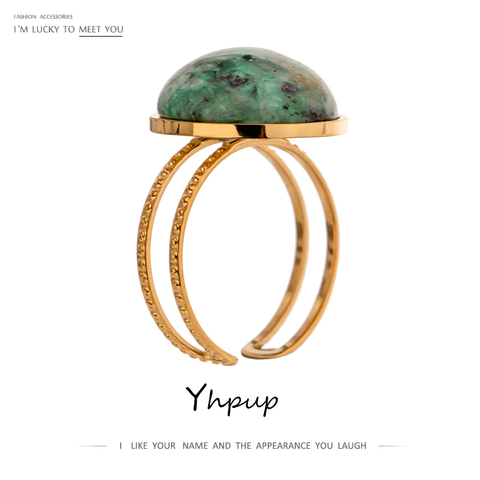 Yhpup Temperament Green Natural Stone Opening Rings for Women Stainless Steel Punk Jewelry Statement Metal Ring Anillos Mujer ► Photo 1/6