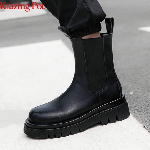 Krazing pot genuine leather med heels leisure bottom round toe plus size slip on high street fashion all-match ankle boots L15 ► Photo 1/6
