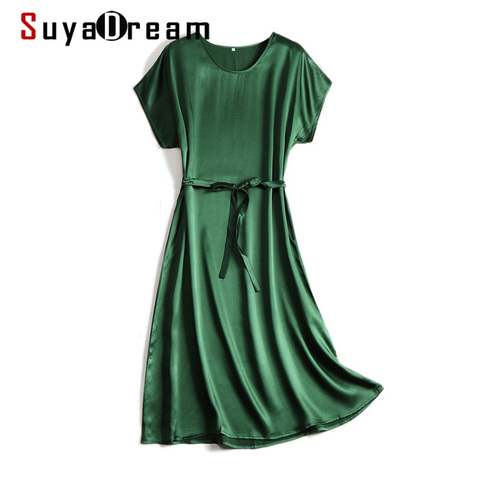 SuyaDream Woman Midi Dress 100%Silk Satin Solid Bat Sleeves Sashes Dresses 2022 Spring Summer Green Black Chic Dresses ► Photo 1/6