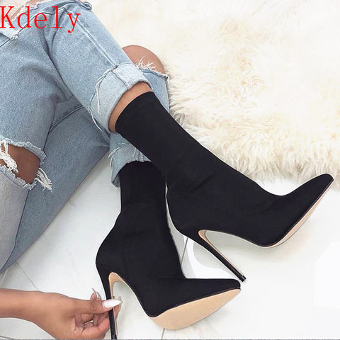 2022 New Arriva Stretch Fabric Women Ankle Boots Pointed Toe High Heels Slip-On Sexy Sock heels Chelsea Boots size35- 43 ► Photo 1/6