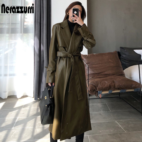 Nerazzurri Autumn long oversized leather trench coat for women 2022 long sleeve sashes Loose faux leather coats women fashion ► Photo 1/6