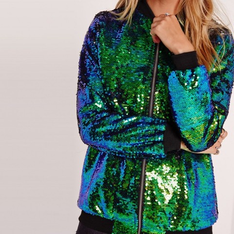 Spring Autumn Women Sequin Coat Green Bomber Jacket Long Sleeve Zipper Streetwear Tunic Loose Casual Basic Lady Outwear ► Photo 1/6