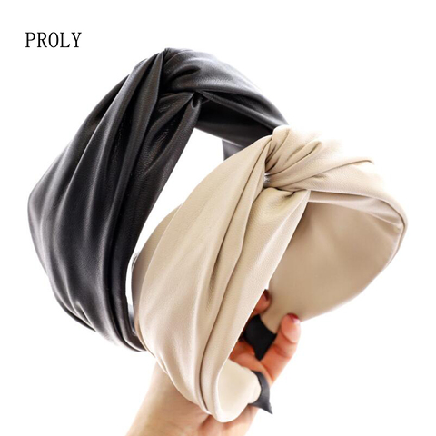 PROLY New Classic Women Hairband Wide Side PU Leather Headband Solid Color Turban Adult Top Quality Headwear Hair Accessories ► Photo 1/6