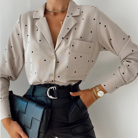 Pocket Long Sleeve Turn Down Collar Women Blouse Office Lady Polka Dot Cotton Casual Shirts 2022 New Spring ► Photo 1/1