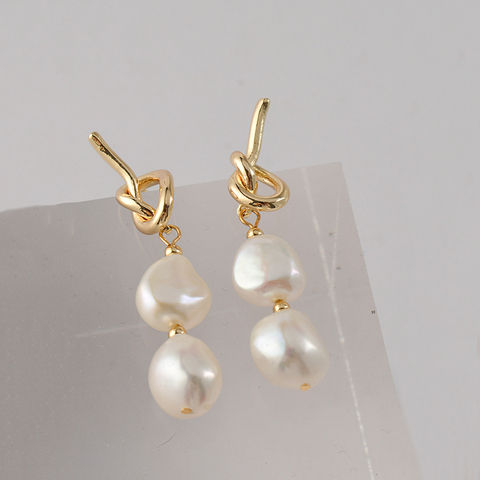 Peri'sBox 2 Natural Pearls Link Drop Earring Knotted Hollow Baroque Pearl Hanging Earrings Elegant Trendy Vintage Dangle Earring ► Photo 1/6