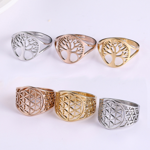 COOLTIME Amulet Viking Big Flower Tree Of Life Rose Gold Color Stainless Steel Hollow Finger Ring For Woman Man Couple Gift ► Photo 1/6