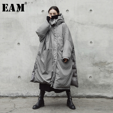 [EAM]  Hooded Cotton-padded Gray Oversize Long Warm Coat Long Sleeve Loose Fit Women Parkas Fashion Spring Autumn 2022 JE02002 ► Photo 1/6