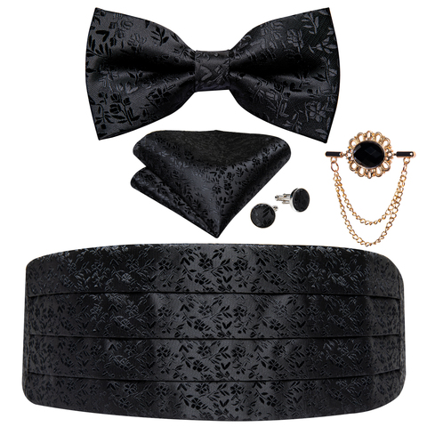 Black Floral Silk Wedding Men's Cummerbunds Bow Tie Brooch Set Tuxedo Formal Wide Belt Ceremonial Belt Elastic Waistband DiBanGu ► Photo 1/6