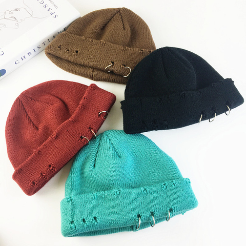 Winter Harajuku Women Skullies Knitted Fashion Warm Thick Hat Autumn Hip hop Hole Beanies Unisex Basic Cap PJ009 ► Photo 1/6