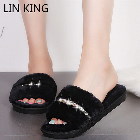 LIN KING Fashion Rhinestone Women Indoor Slippers Warm Fur Home Floor Bedroom Shoes Soft Sole Non-Slip Female Cotton Slippers ► Photo 1/6