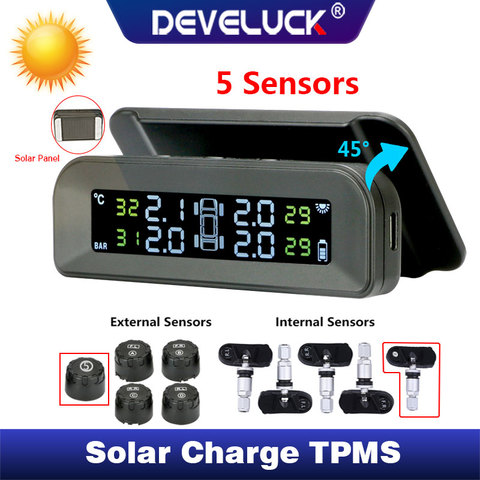 DEVELUCK car tire pressure monitoring system solar adjustable LCD screen automatic brightness control wireless 5 tire TPMS USB ► Photo 1/6